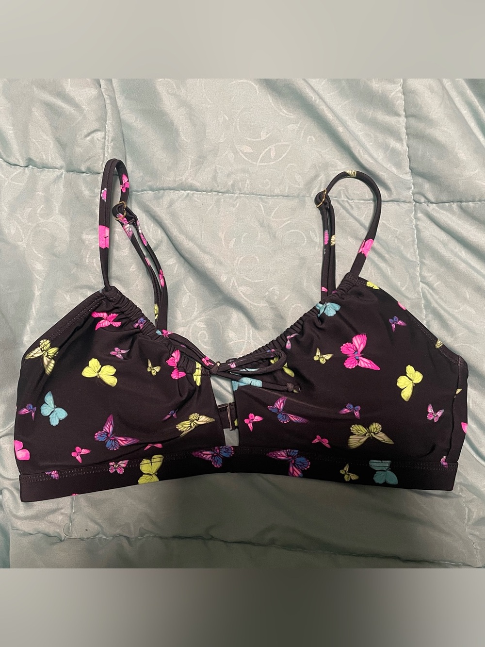 Y2K Black Butterfly Print Bikini Swim Top - Neon Accents